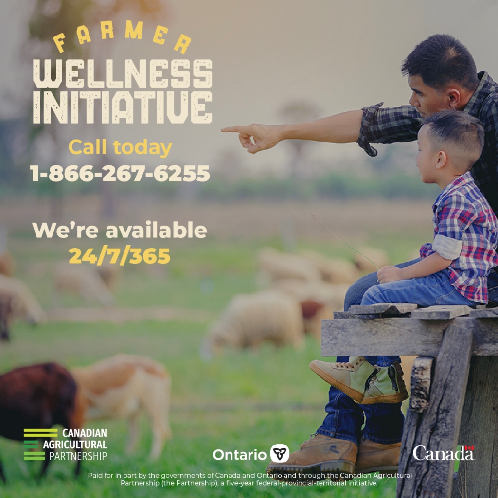 Promotional image for the Farmer Wellness Initiative. Features logo stating "Farmer Wellness Initiative," phone number "1-866-267-6255" and availability as 24/7/365.